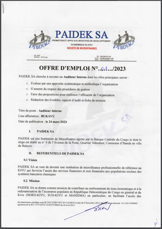 OFFRE D'EMPLOI : PAIDEK SA recrute un Auditeur Interne