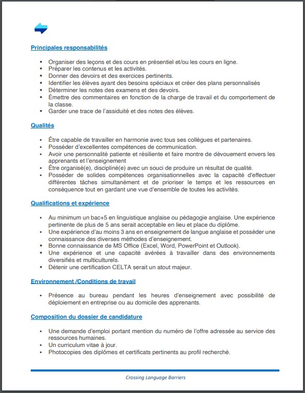 OFFRE D'EMPLOI : GENERAL LANGUAGE SERVICES SARL recrute des Professeurs d'anglais