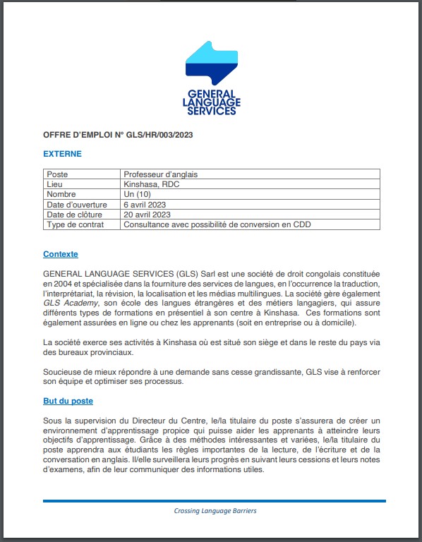 OFFRE D'EMPLOI : GENERAL LANGUAGE SERVICES SARL recrute des Professeurs d'anglais