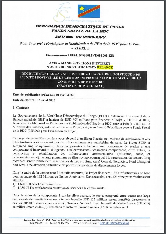 OFFRE D'EMPLOI : Le FSRDC recrute un charger de logistique de l'Unité Provinciale de Gestion du Projet STEP II