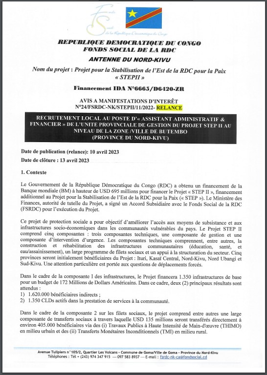 OFFRE D'EMPLOI : Le FSRDC recrute un Assistant Administratif et Financier de l'Unité Provinciale de Gestion du Projet STEP II