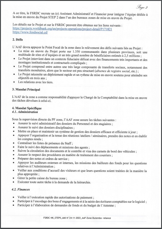 OFFRE D'EMPLOI : Le FSRDC recrute un Assistant Administratif et Financier de l'Unité Provinciale de Gestion du Projet STEP II