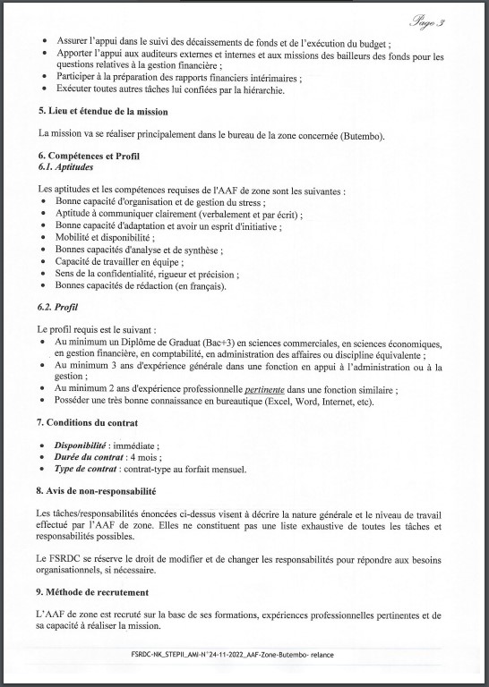 OFFRE D'EMPLOI : Le FSRDC recrute un Assistant Administratif et Financier de l'Unité Provinciale de Gestion du Projet STEP II