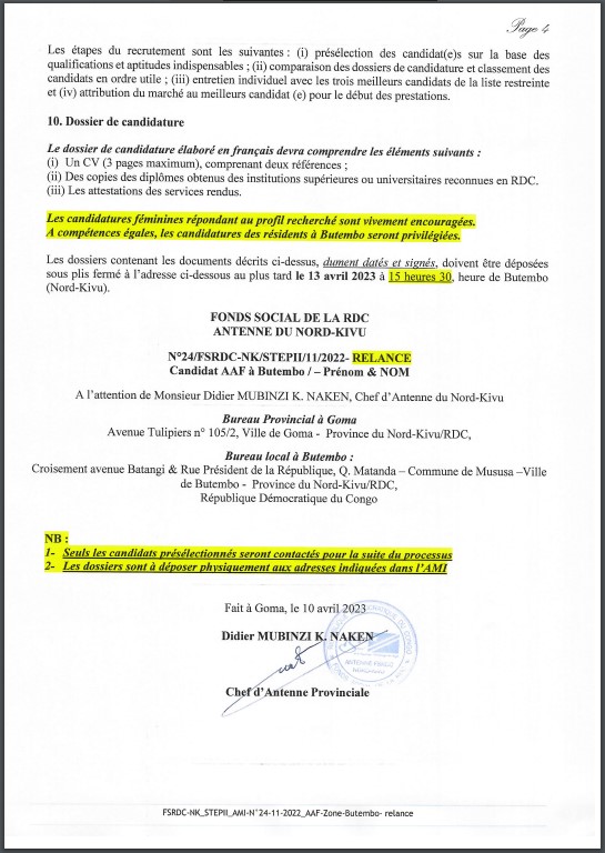 OFFRE D'EMPLOI : Le FSRDC recrute un Assistant Administratif et Financier de l'Unité Provinciale de Gestion du Projet STEP II