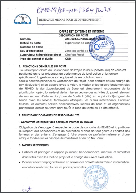 OFFRE D'EMPLOI : RE.ME.D recrute un Superviseur de Zone