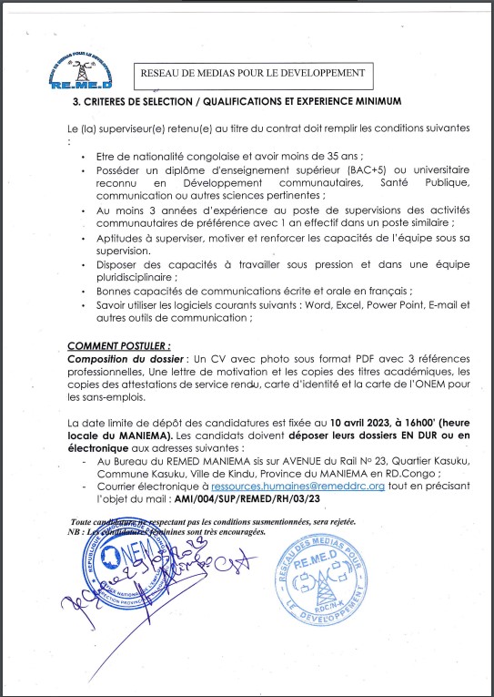 OFFRE D'EMPLOI : RE.ME.D recrute un Superviseur de Zone