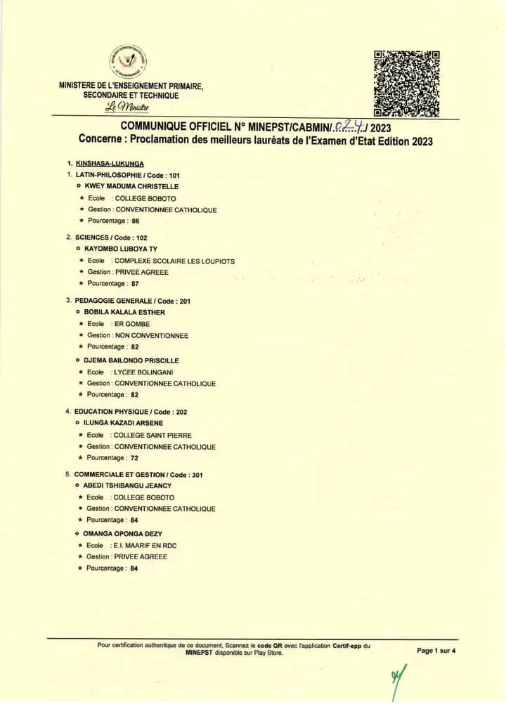 RDC-EXETAT 2023 : Les résultats des meilleurs lauréats de la province éducationnelle de Kinshasa-Lukunga enfin connus