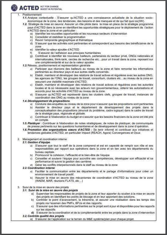 OFFRE D'EMPLOI : ACTED recrute un (e) Coordinateur.trice de Zone