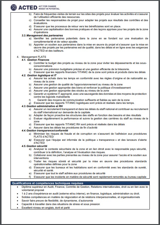 OFFRE D'EMPLOI : ACTED recrute un (e) Coordinateur.trice de Zone