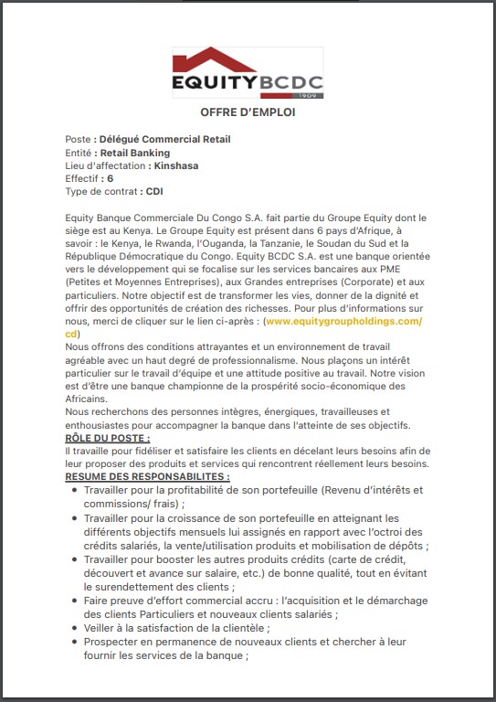 OFFRE D'EMPLOI : EQUITY BCDC recrute des Délégués Commercial Retail