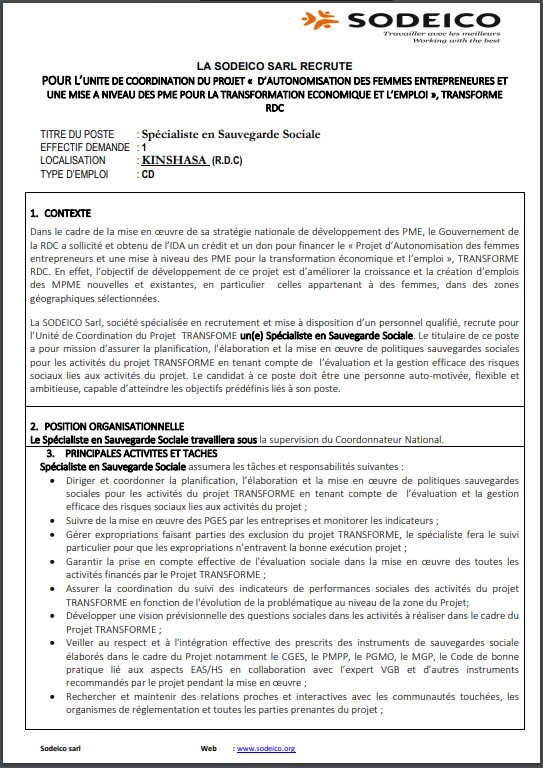 OFFRE D'EMPLOI : La SODEICO recrute un Spécialiste en Sauvegarde Sociale