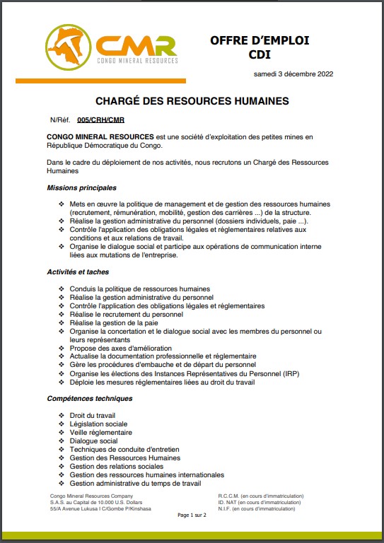 OFFRE D'EMPLOI : CONGO MINERAL RESOURCES recrute un Chargé des Ressources Humaines