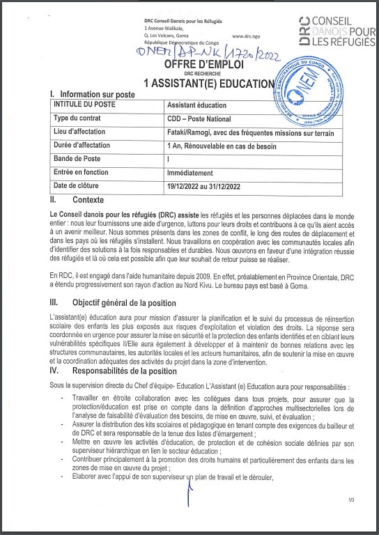 OFFRE D'EMPLOI : Conseil Danois pour les réfugiés (RDC) recrute un Assistant(e) Education