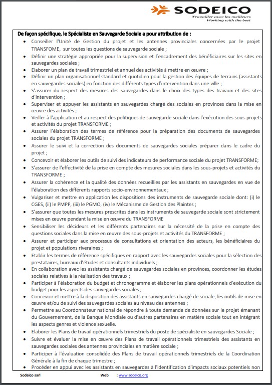OFFRE D'EMPLOI : La SODEICO recrute un Spécialiste en Sauvegarde Sociale