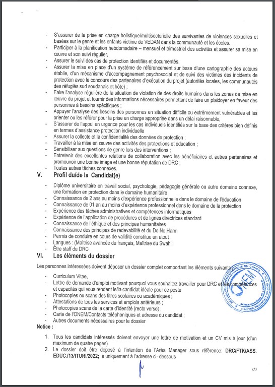 OFFRE D'EMPLOI : Conseil Danois pour les réfugiés (RDC) recrute un Assistant(e) Education
