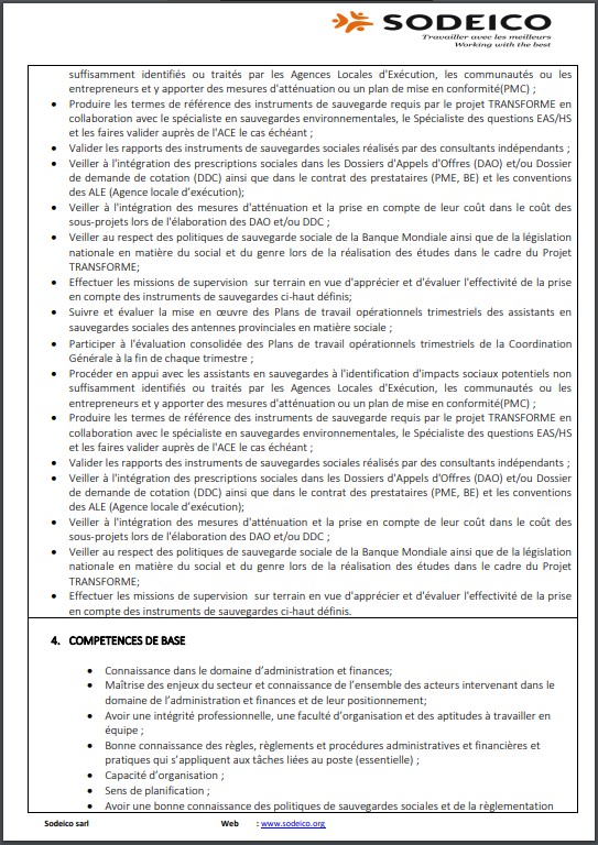 OFFRE D'EMPLOI : La SODEICO recrute un Spécialiste en Sauvegarde Sociale