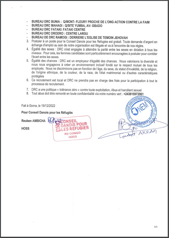 OFFRE D'EMPLOI : Conseil Danois pour les réfugiés (RDC) recrute un Assistant(e) Education