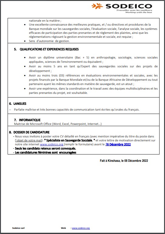 OFFRE D'EMPLOI : La SODEICO recrute un Spécialiste en Sauvegarde Sociale