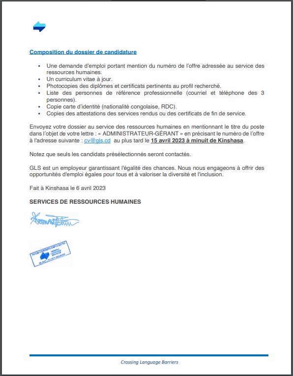 OFFRE D'EMPLOI : GENERAL LANGUAGE SERVICES SARL recrute un Administrateur Bureau