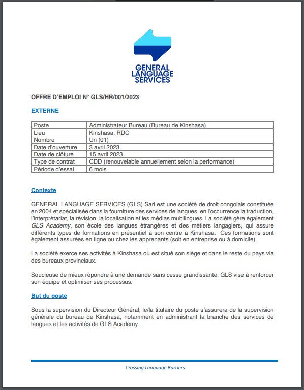 OFFRE D'EMPLOI : GENERAL LANGUAGE SERVICES SARL recrute un Administrateur Bureau