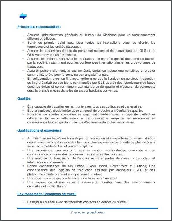 OFFRE D'EMPLOI : GENERAL LANGUAGE SERVICES SARL recrute un Administrateur Bureau