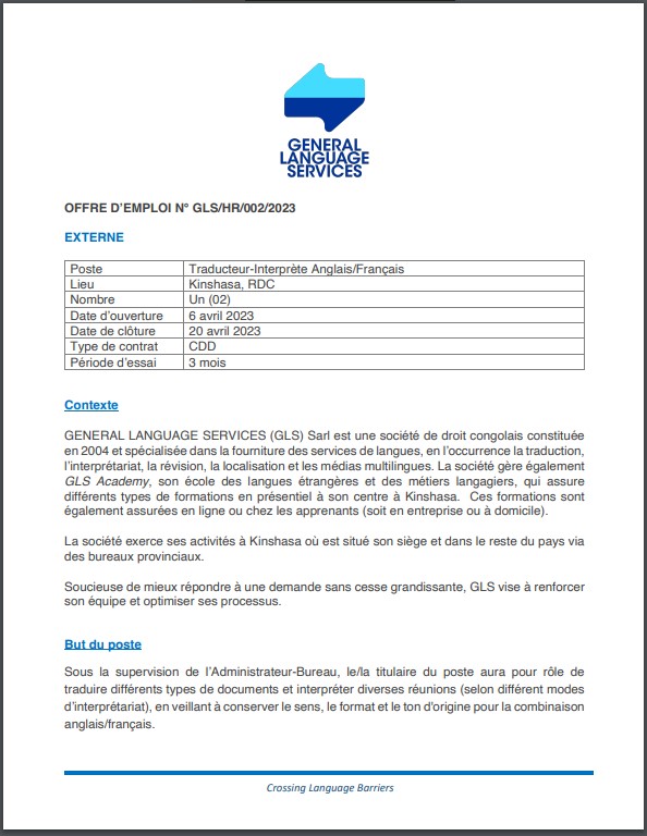 OFFRE D'EMPLOI : GENERAL LANGUAGE SERVICE recrute deux Traducteur-Interprète Anglais/Français