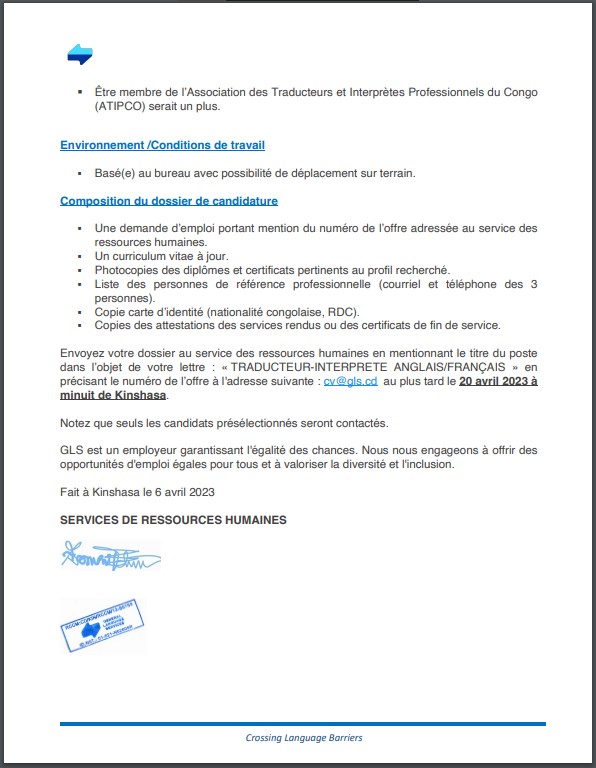 OFFRE D'EMPLOI : GENERAL LANGUAGE SERVICE recrute deux Traducteur-Interprète Anglais/Français