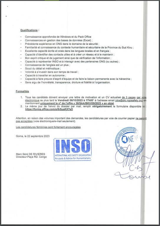 OFFRE D'EMPLOI : INSO recrute un(e) Assistant Safety Advisor (SAA) pour la province du Sud-Kivu