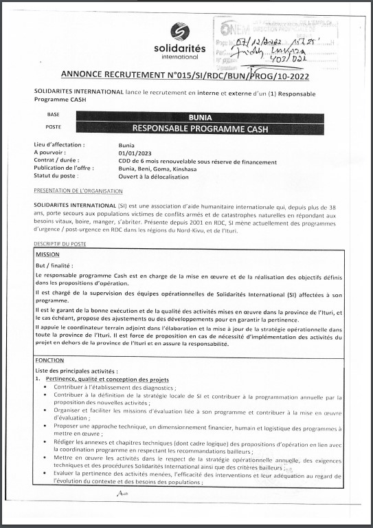 OFFRE D'EMPLOI : SOLIDARITE recrute un Responsable Programme CASH