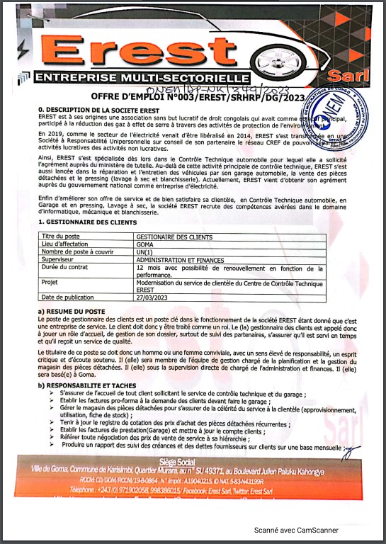 OFFRE D'EMPLOI : EREST recrute un Gestionnaire des Clients