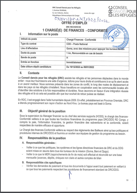 OFFRE D'EMPLOI : Conseil Danois pour les réfugiés (RDC) recrute un chargé(e) de Finances-Conformité