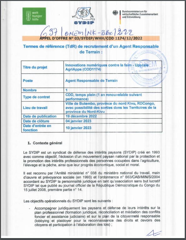 OFFRE D'EMPLOI : Le SYDIP recrute un Agent Responsable de Terrain