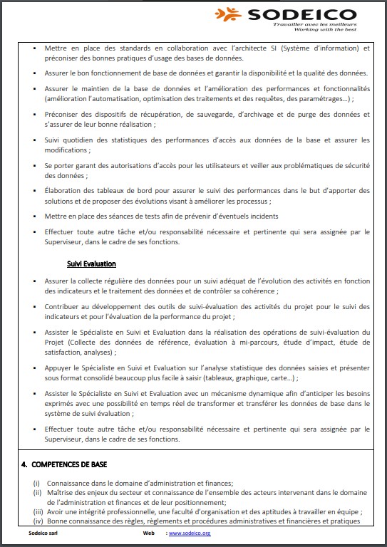 OFFRE D'EMPLOI : La SODEICO recrute un L’Assistant(e) Suivi-Evaluation et Gestionnaire de base de données