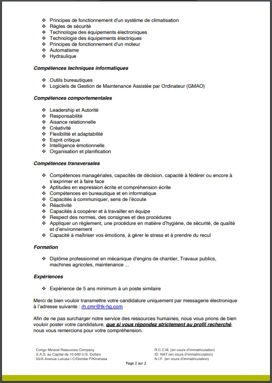 OFFRE D'EMPLOI : CONGO MINERAL RESOURCES recrute un Technicien de Maintenance en Matériel de Chantier