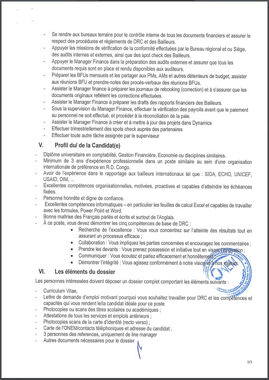 OFFRE D'EMPLOI : Conseil Danois pour les réfugiés (RDC) recrute un chargé(e) de Finances-Conformité
