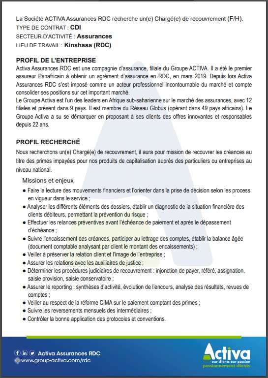 OFFRE D'EMPLOI : La Société ACTIVA Assurances RDC recrute un(e) Chargé(e) de recouvrement (F/H)