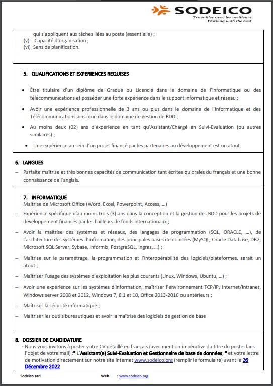 OFFRE D'EMPLOI : La SODEICO recrute un L’Assistant(e) Suivi-Evaluation et Gestionnaire de base de données