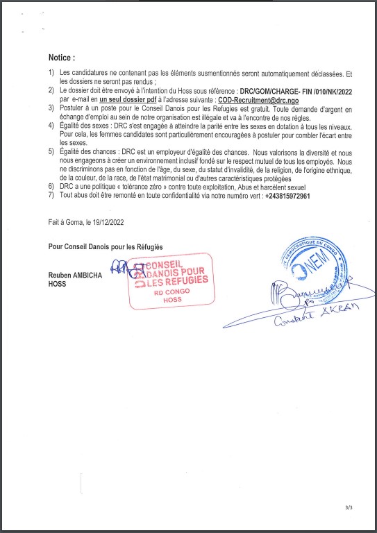 OFFRE D'EMPLOI : Conseil Danois pour les réfugiés (RDC) recrute un chargé(e) de Finances-Conformité