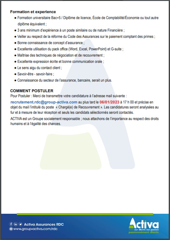 OFFRE D'EMPLOI : La Société ACTIVA Assurances RDC recrute un(e) Chargé(e) de recouvrement (F/H)