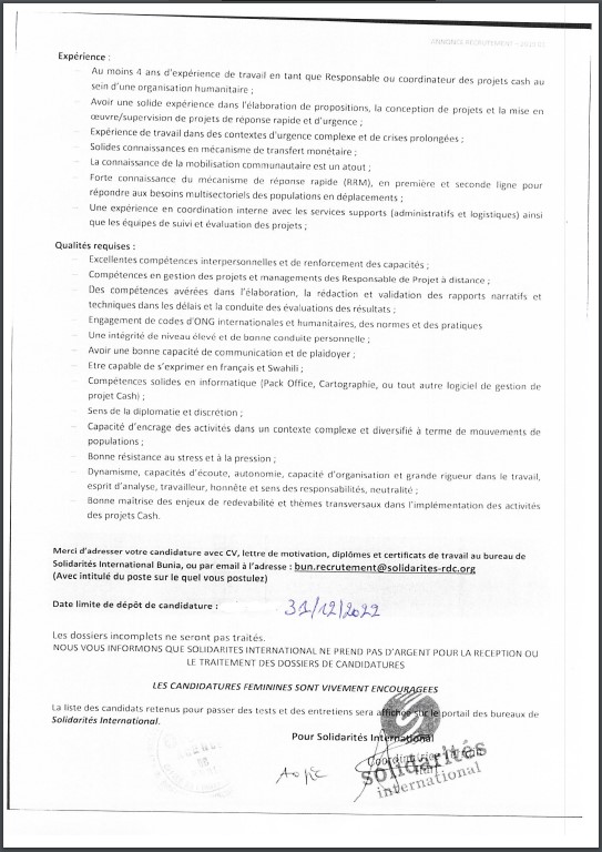 OFFRE D'EMPLOI : SOLIDARITE recrute un Responsable Programme CASH