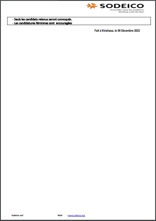 OFFRE D'EMPLOI : La SODEICO recrute un L’Assistant(e) Suivi-Evaluation et Gestionnaire de base de données