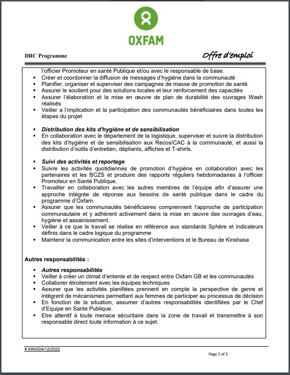 OFFRE D'EMPLOI : OXFAM recrute un Promoteur en Santé Publique ASSISTANT/PHP