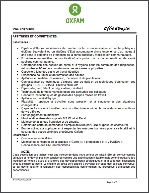 OFFRE D'EMPLOI : OXFAM recrute un Promoteur en Santé Publique ASSISTANT/PHP