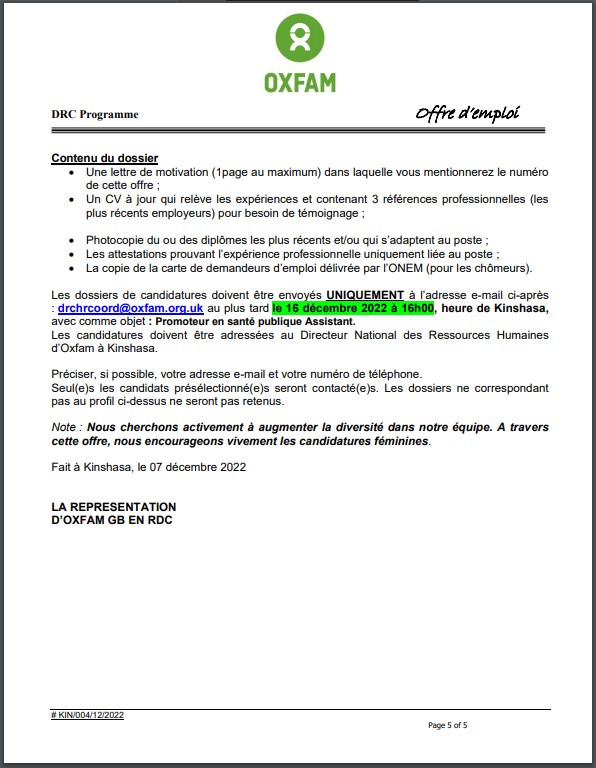 OFFRE D'EMPLOI : OXFAM recrute un Promoteur en Santé Publique ASSISTANT/PHP