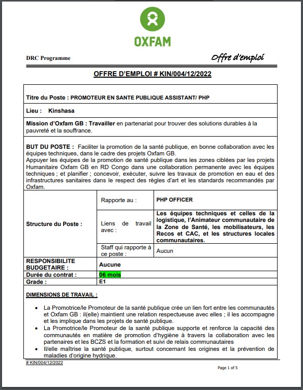 OFFRE D'EMPLOI : OXFAM recrute un Promoteur en Santé Publique ASSISTANT/PHP