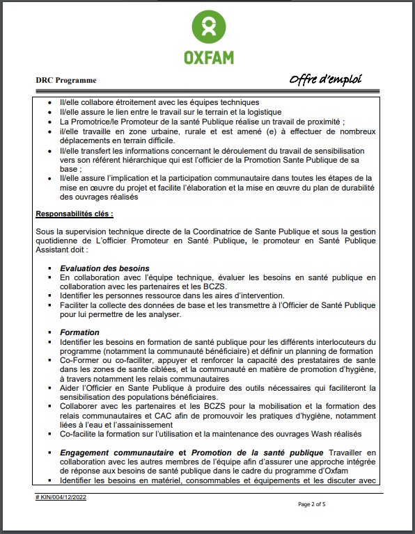 OFFRE D'EMPLOI : OXFAM recrute un Promoteur en Santé Publique ASSISTANT/PHP