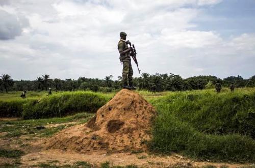 <p>Un membre des FARDC monte la garde à l’extérieur d’Oïcha, dans le territoire de Beni. (image d’illustration) JOHN WESSELS / AFP</p>
