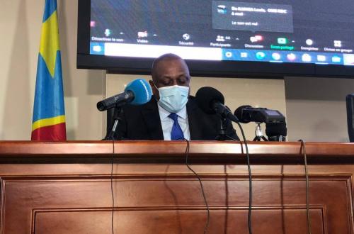 <p>Le Ministre Jean-Jacques Mbungani annonçant la fin de la douzième épidémie de la maladie à virus Ebola. 3 Mai 2021.</p>
