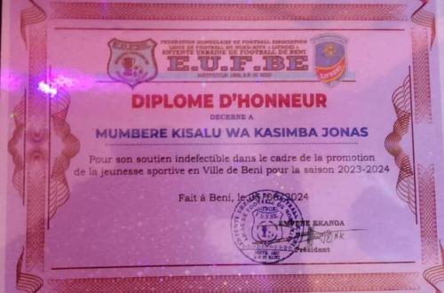 Un diplôme d'honneur décerné à l'homme d'affaires Jonas Kasimba