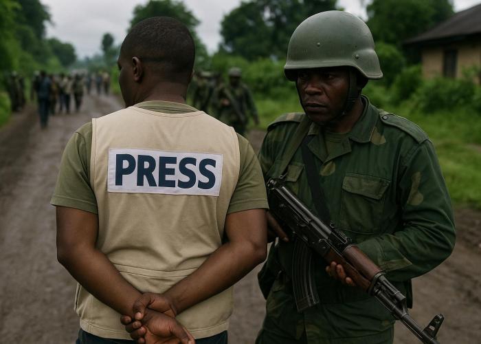 Un soldat armé contrôle un journaliste sur une route boueuse entourée de végétation. L’homme de presse, reconnaissable à sa veste marquée "PRESS", se tient calmement les mains derrière le dos